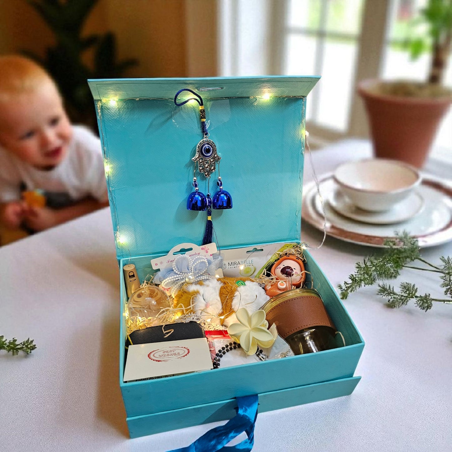Cute Ribbon Box Gift Hamper – Cat Sipper, Lamp, Jewellery & More (Under ₹1500)