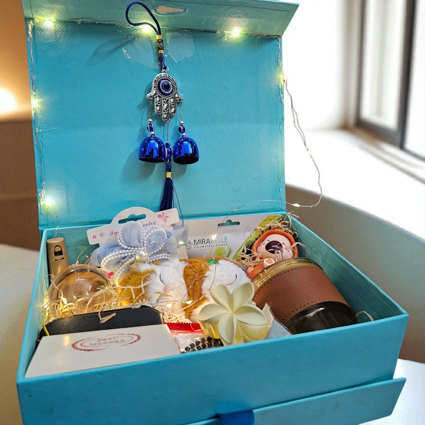 Cute Ribbon Box Gift Hamper – Cat Sipper, Lamp, Jewellery & More (Under ₹1500)