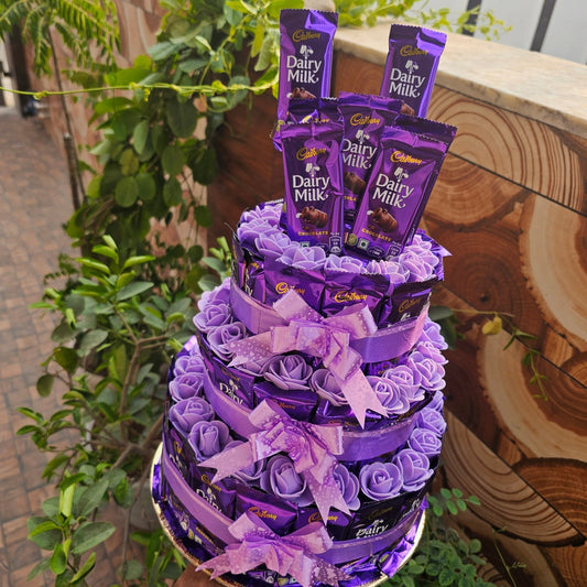 3 - Tier Dairy Milk Chocolate Tower – With Elegant Purple Flowers 💜 - Ajmer Gift Charm