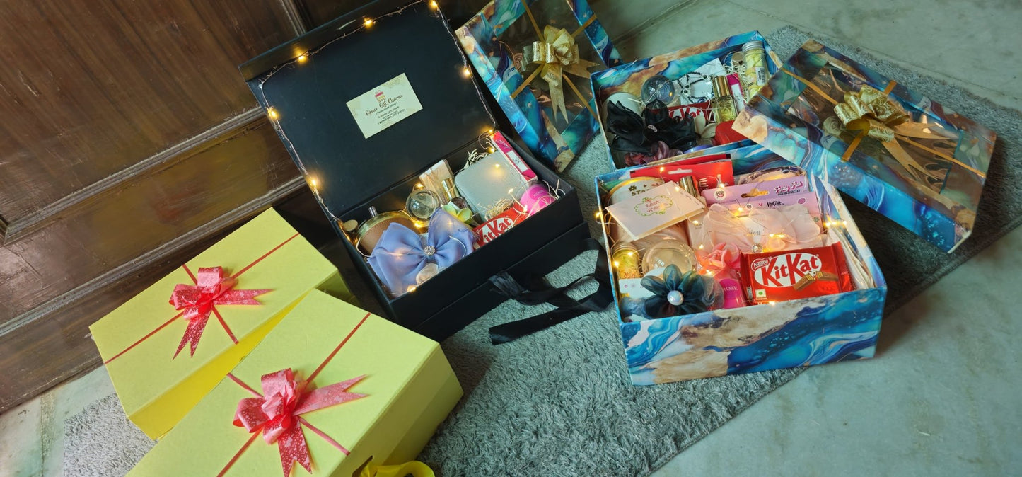 Customizable Ribbon Box Gift Hamper for Her β Mug, Sipper, Night Lamp & More (Under 1500rs.) - Ajmer Gift Charm