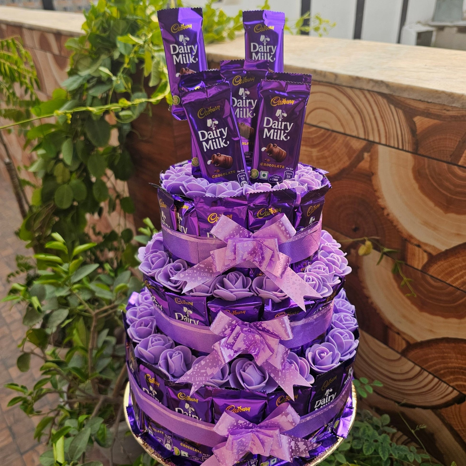3 - Tier Dairy Milk Chocolate Tower – With Elegant Purple Flowers 💜 - Ajmer Gift Charm