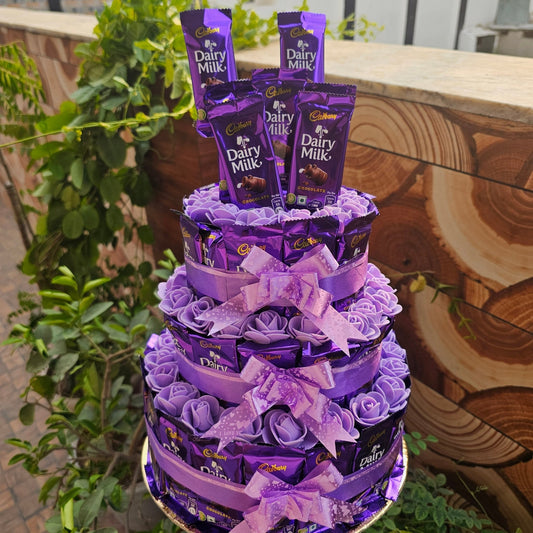 3 - Tier Dairy Milk Chocolate Tower – With Elegant Purple Flowers 💜 - Ajmer Gift Charm
