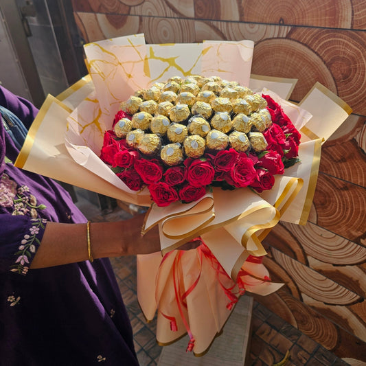 50 Ferrero Rocher & Red Rose Luxury Bouquet | Premium Chocolate Flower Bouquet Gift - Ajmer Gift Charm
