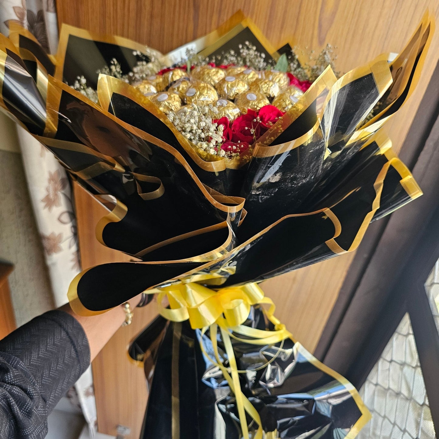 Black Bouquet with Red Roses & Ferrero Rocher | Luxury Chocolate Flower Bouquet - Ajmer Gift Charm