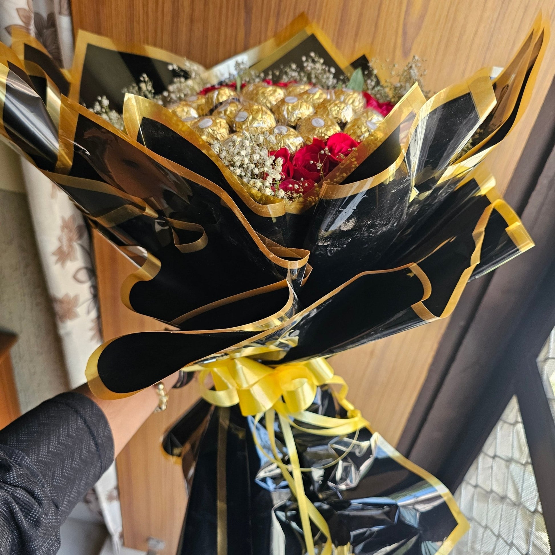 Black Bouquet with Red Roses & Ferrero Rocher | Luxury Chocolate Flower Bouquet - Ajmer Gift Charm