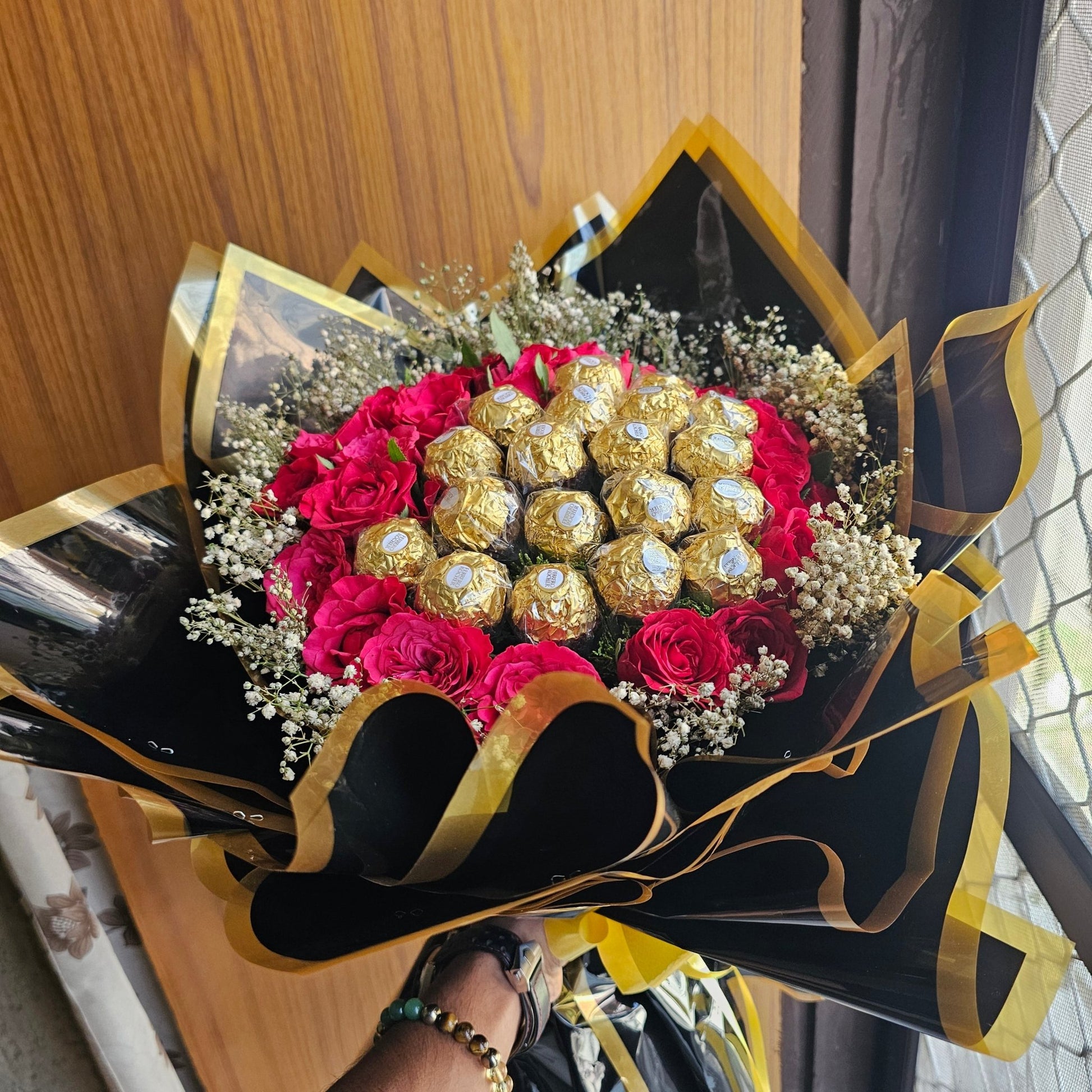 Black Bouquet with Red Roses & Ferrero Rocher | Luxury Chocolate Flower Bouquet - Ajmer Gift Charm