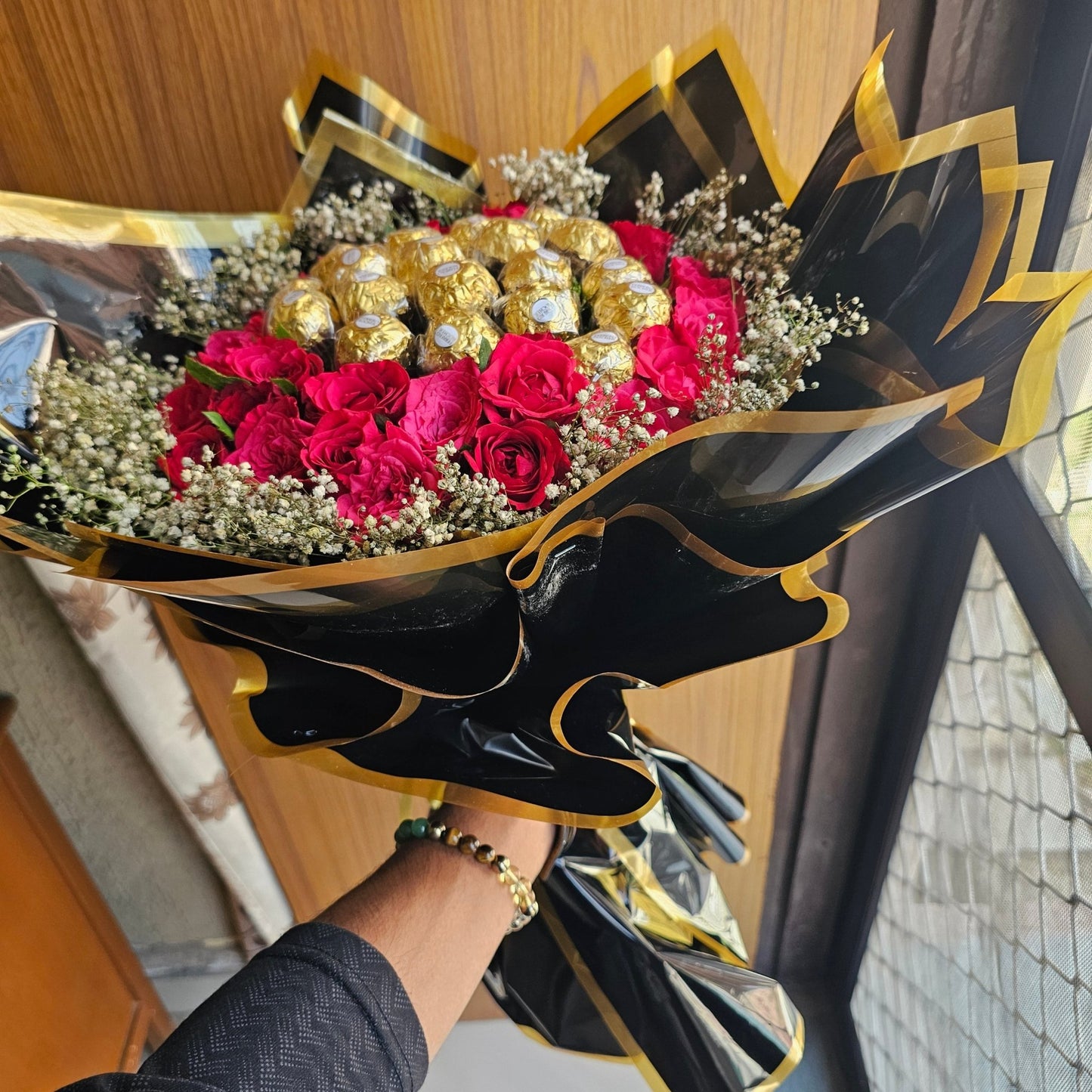 Black Bouquet with Red Roses & Ferrero Rocher | Luxury Chocolate Flower Bouquet - Ajmer Gift Charm