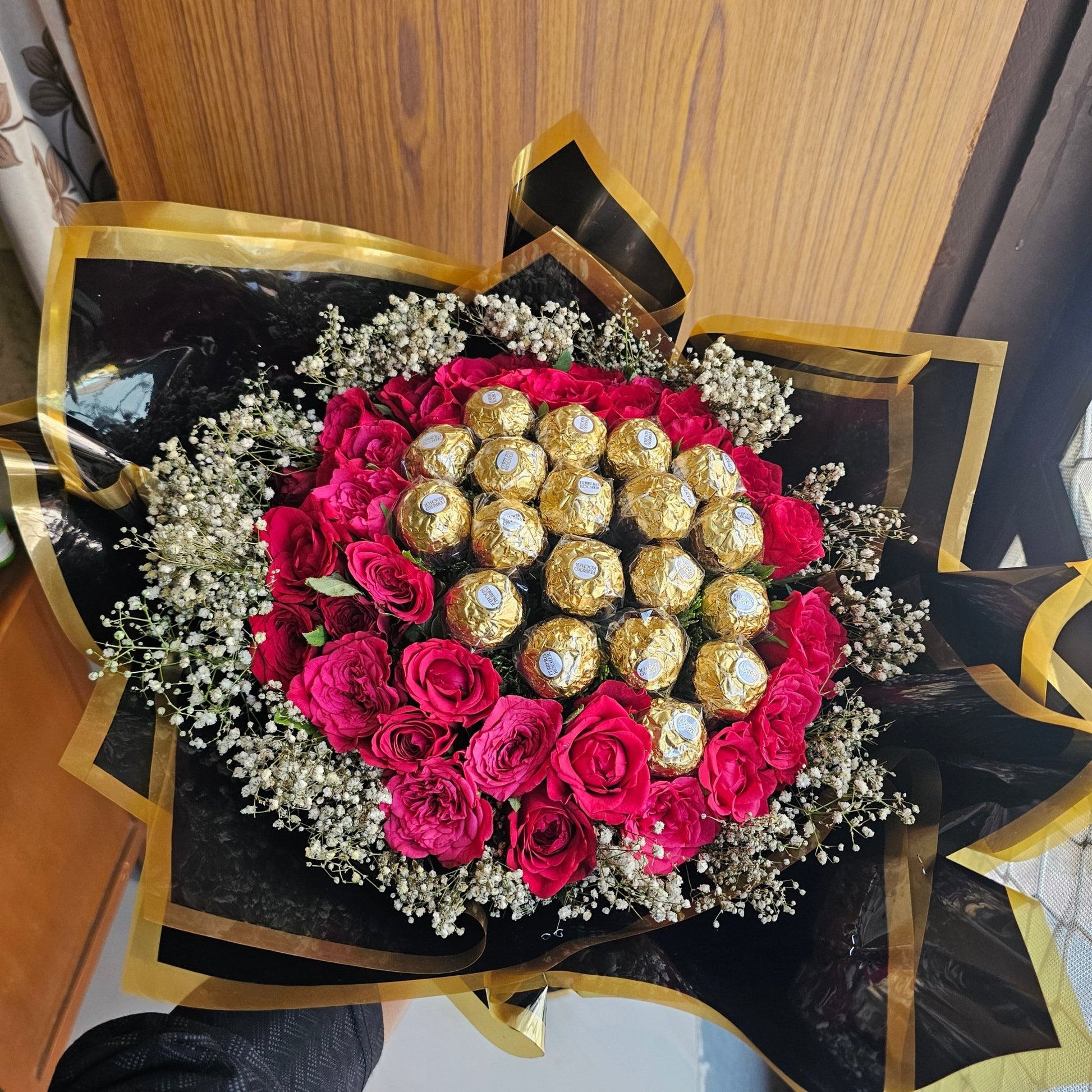 Black Bouquet with Red Roses & Ferrero Rocher | Luxury Chocolate Flower Bouquet - Ajmer Gift Charm