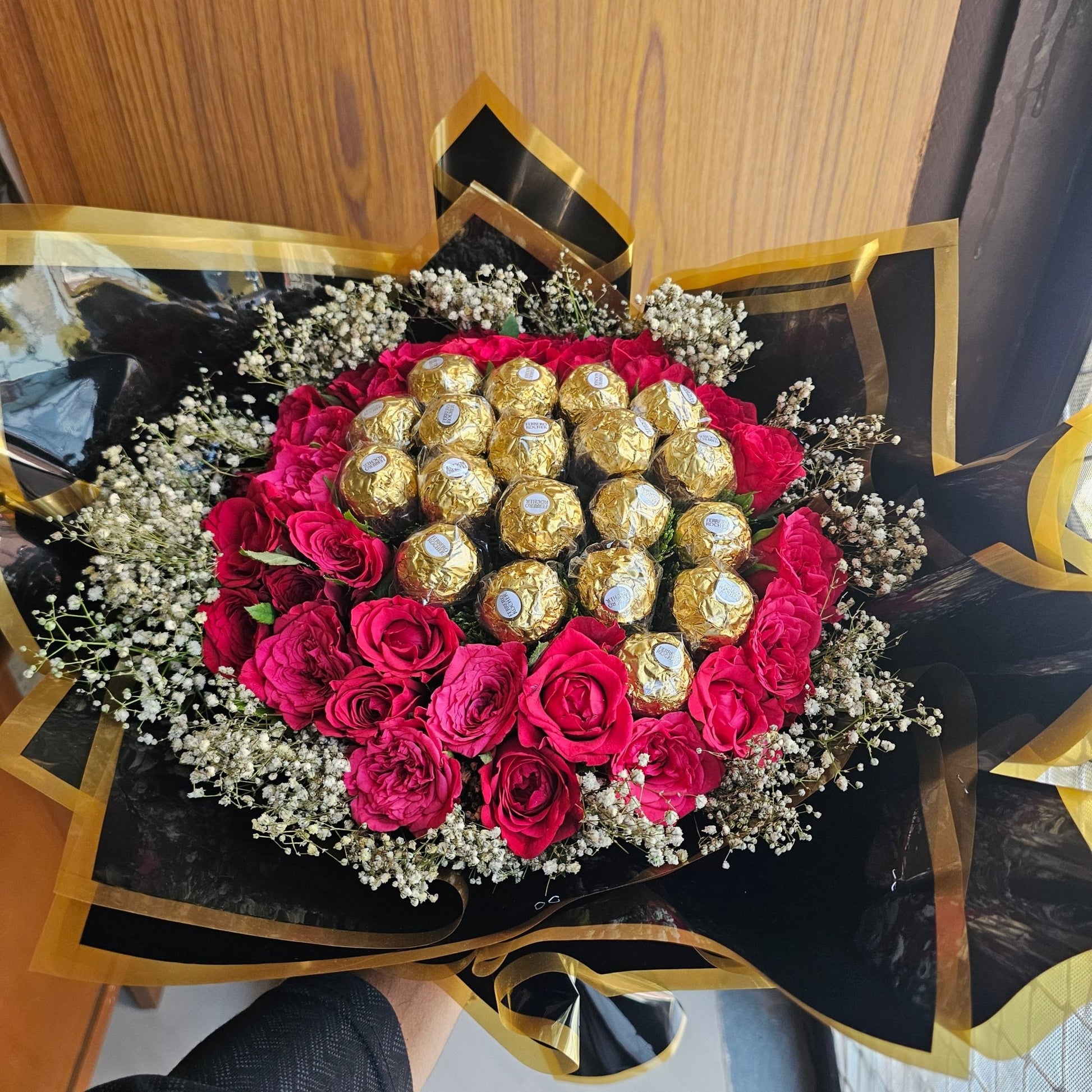 Black Bouquet with Red Roses & Ferrero Rocher | Luxury Chocolate Flower Bouquet - Ajmer Gift Charm