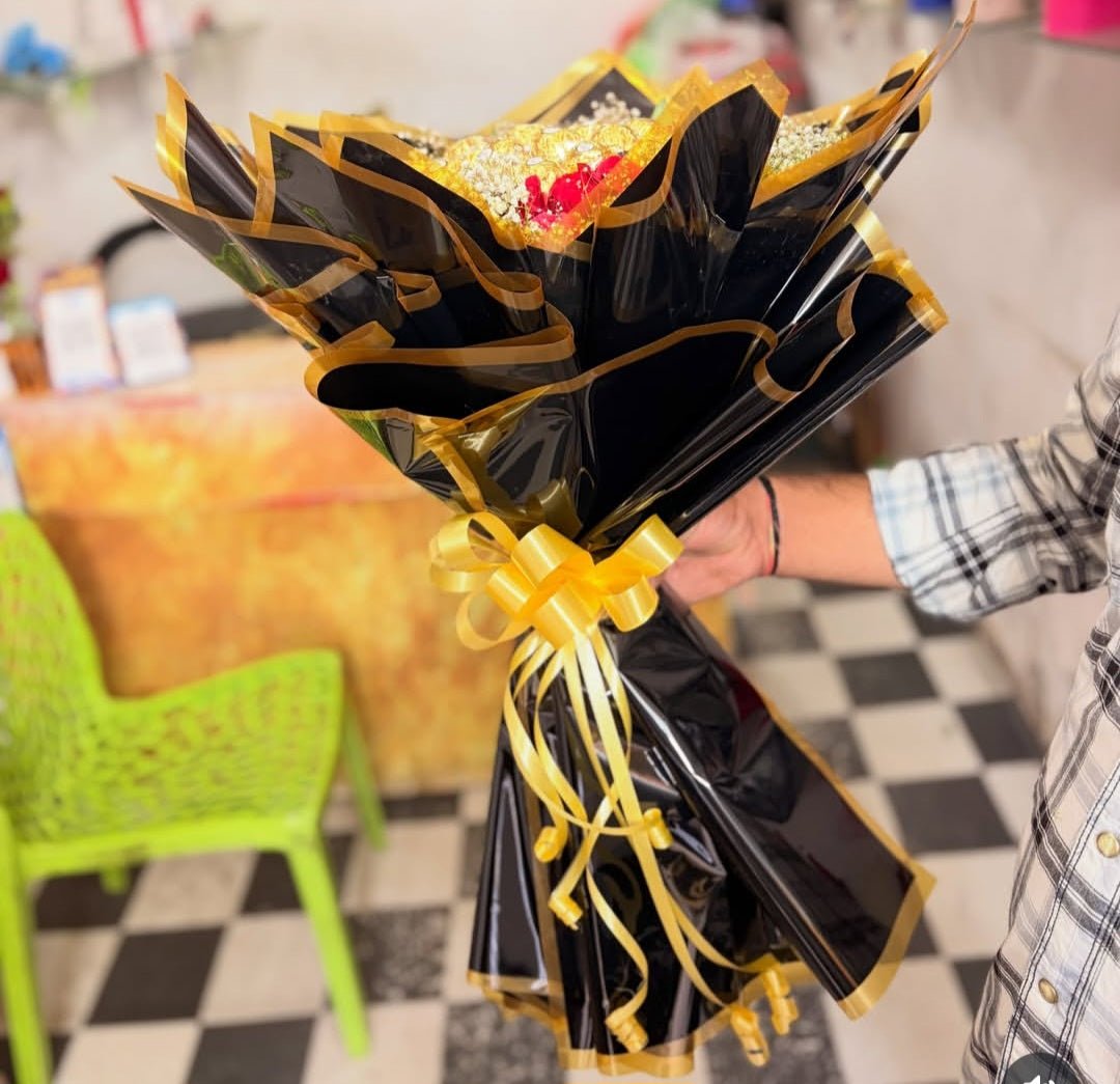 Black Bouquet with Red Roses & Ferrero Rocher | Luxury Chocolate Flower Bouquet - Ajmer Gift Charm