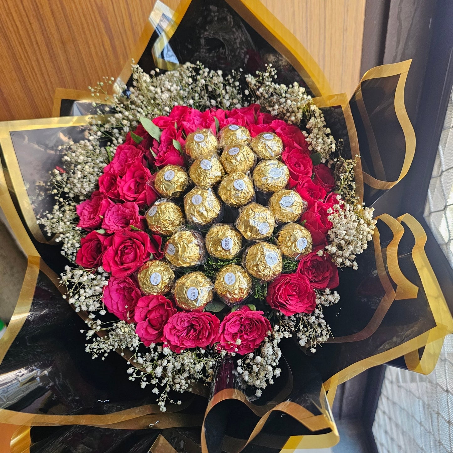 Black Bouquet with Red Roses & Ferrero Rocher | Luxury Chocolate Flower Bouquet - Ajmer Gift Charm