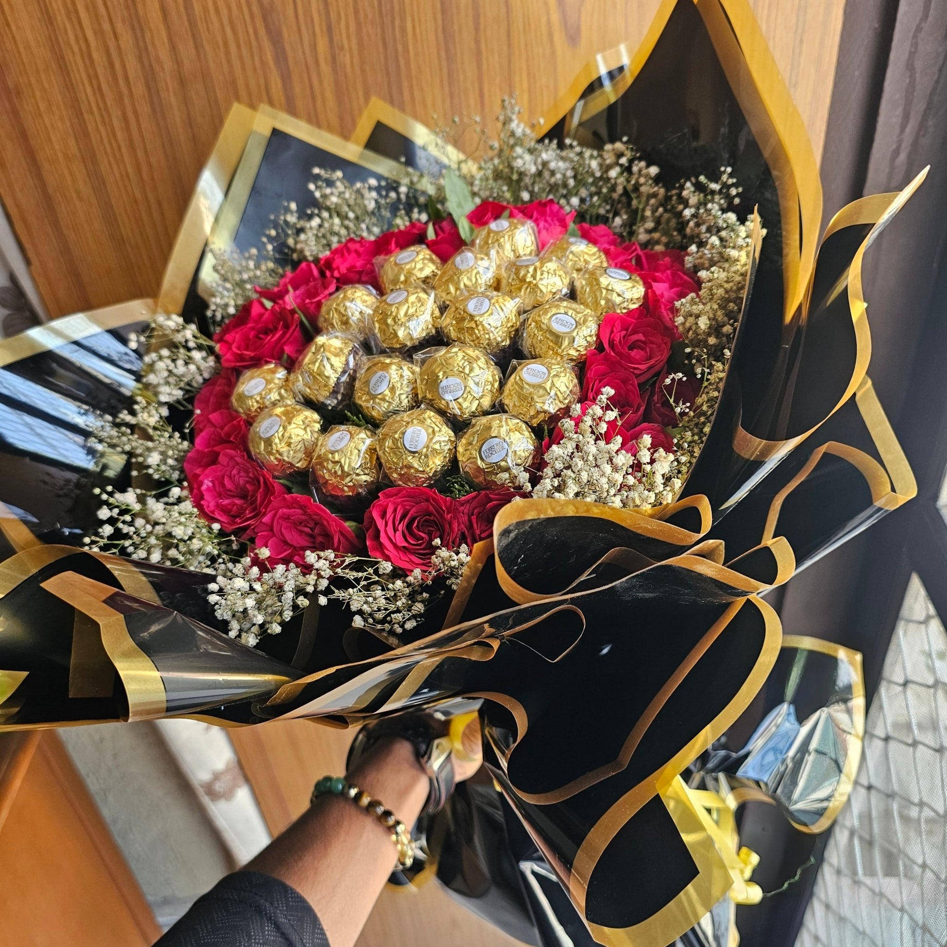 Black Bouquet with Red Roses & Ferrero Rocher | Luxury Chocolate Flower Bouquet - Ajmer Gift Charm