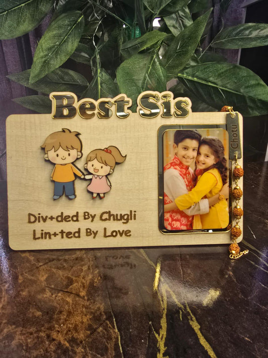 Bro - Sis Table Top with Rudraksh Rakhi — Wooden, Acrylic, Sublimation | 8x6 Inches - Ajmer Gift Charm