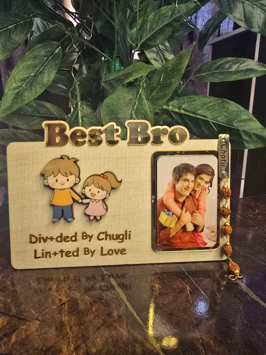 Bro - Sis Table Top with Rudraksh Rakhi — Wooden, Acrylic, Sublimation | 8x6 Inches - Ajmer Gift Charm