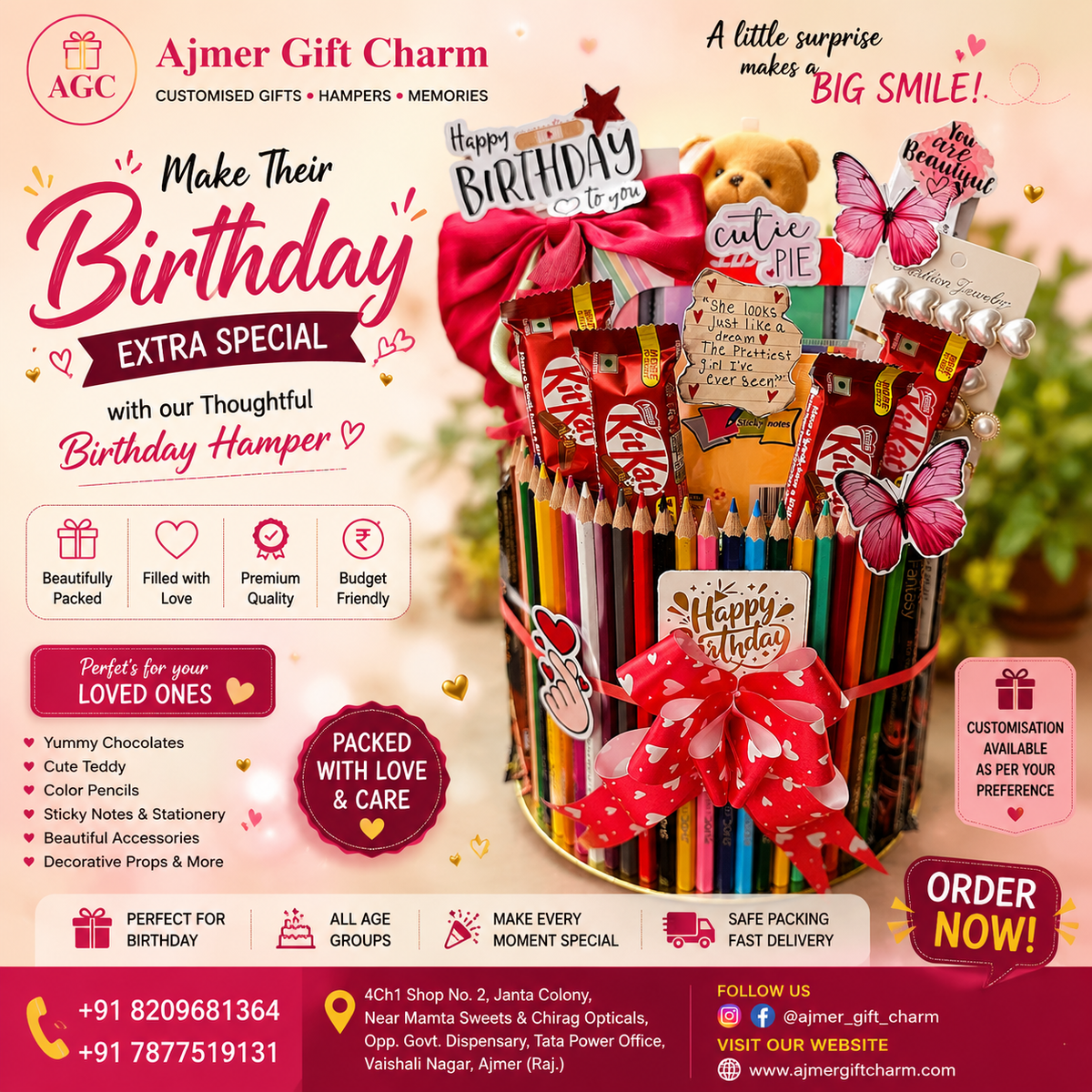 🎀 Cute Birthday Stationery Gift Hamper for Her | Chocolates, Teddy & Accessories - Ajmer Gift Charm