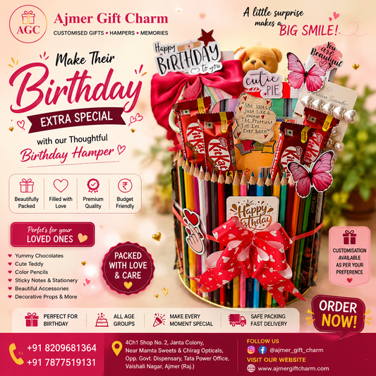 🎀 Cute Birthday Stationery Gift Hamper for Her | Chocolates, Teddy & Accessories - Ajmer Gift Charm