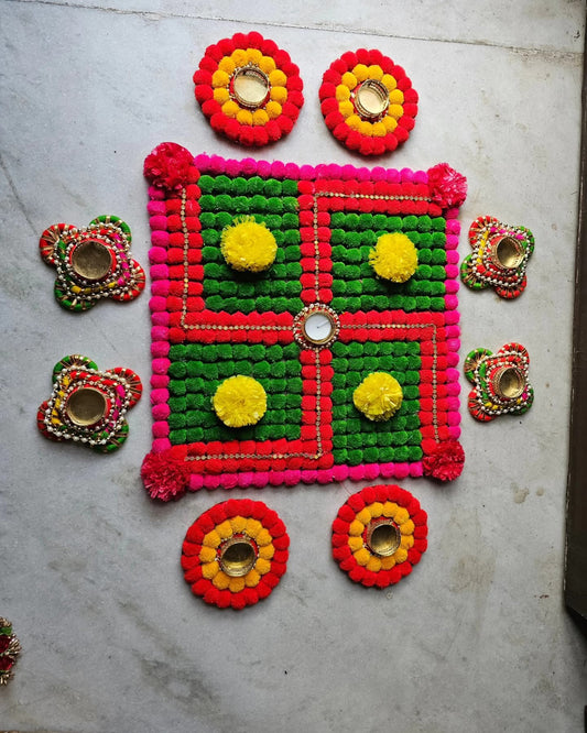 ✨ Decorated Rangoli Mat with Diya Candle Light Platters – Perfect for Home Decor & Gifting ✨ - Ajmer Gift Charm