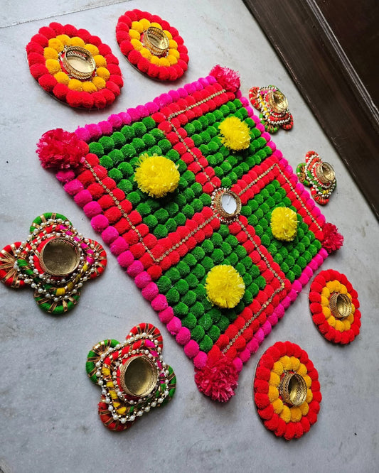 ✨ Decorated Rangoli Mat with Diya Candle Light Platters – Perfect for Home Decor & Gifting ✨ - Ajmer Gift Charm