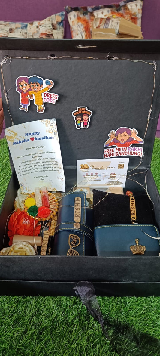 Exclusive Rakhi Gift Hamper for Brother | Name Bracelet, Wallet & More - Ajmer Gift Charm