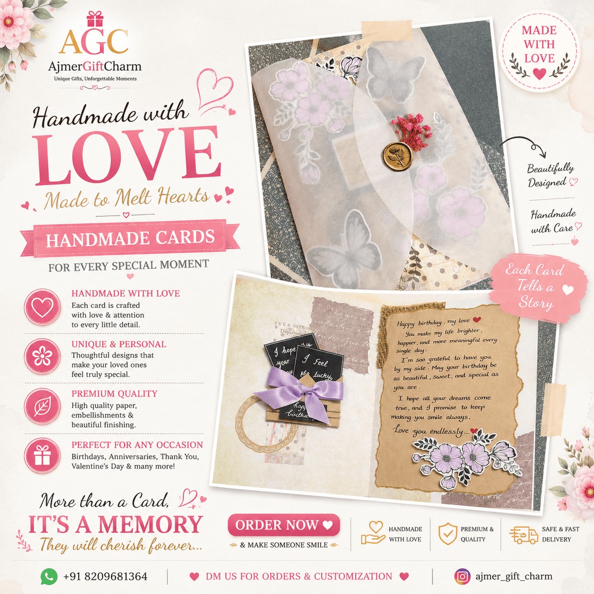 Handmade Aesthetic Greeting Cards – Beautifully Crafted With Love 💌 - Ajmer Gift Charm