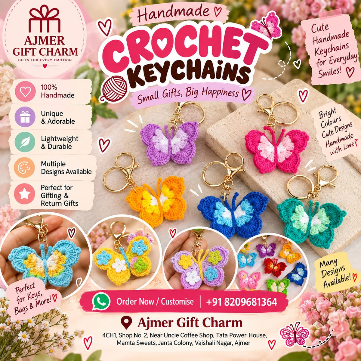 Handmade Crochet Butterfly Keychains – Cute, Colourful & Aesthetic 🦋🌸 - Ajmer Gift Charm