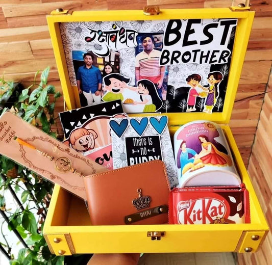 Personalized Rakhi Gift Box for Brother — Name Wallet, Photo Mug, Rakhi, Chocolates & Quote Cards - Ajmer Gift Charm
