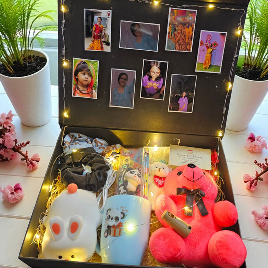 Customizable Gift Hamper Black ribbon box for Her – Under ₹1500 | Sipper, Cosmetics, Chocolates & More